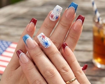 Uñas con purpurina y diseño de fuegos artificiales patrióticos del 4 de julio / Totalmente personalizables