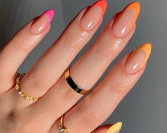 Uñas postizas con punta francesa degradada neón de verano / Totalmente personalizables