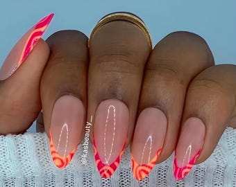 Uñas postizas de verano con diseño francés en remolino rosa neón y naranja / Totalmente personalizables