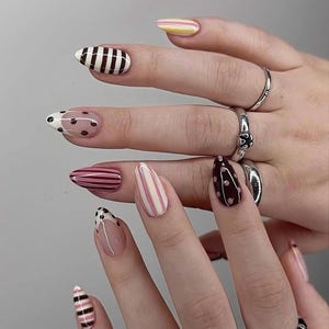 Pink Brown Stripe Polka Dot Press On Nails | Fully customizable