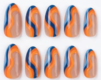 Handmade Blue Orange Swirl Press On Nails – Groovy Wavy Art, Customizable