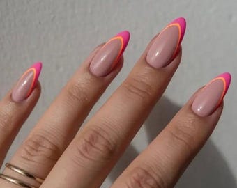 Uñas postizas de color rosa neón naranja y doble punta francesa para verano / Totalmente personalizables