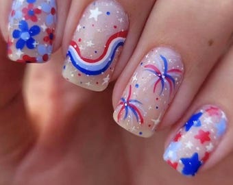 Uñas con purpurina y diseño de fuegos artificiales patrióticos del 4 de julio / Totalmente personalizables