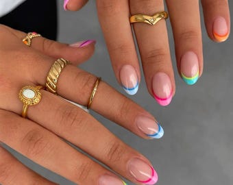 Uñas postizas de color neón pastel veraniego con doble punta francesa / Totalmente personalizables