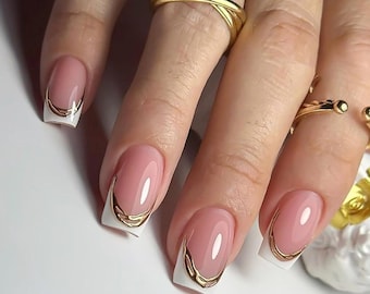 Gold Chrome White French Tip Press On Nails | Metallic Elegant Vibe Fully customizable