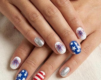 Uñas con purpurina y diseño de fuegos artificiales patrióticos del 4 de julio / Totalmente personalizables