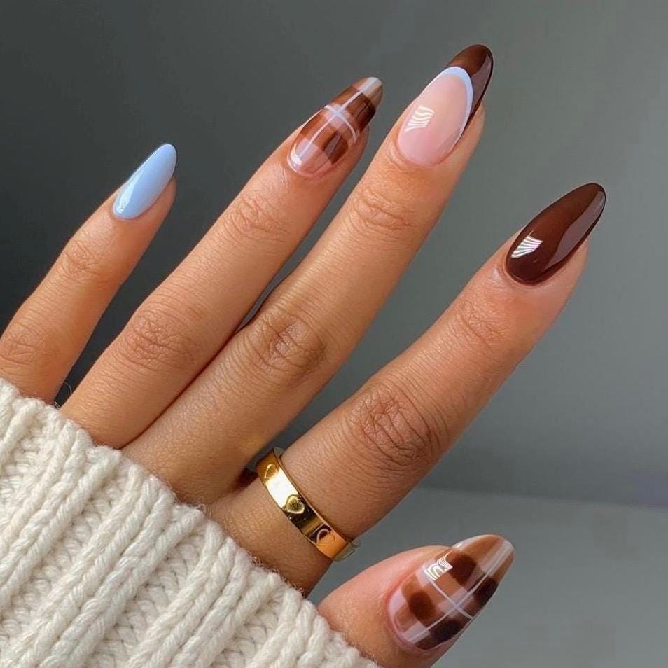 1Fall Chocolate Brown Light Blue Plaid French Tip Press On Nails Fully customizable