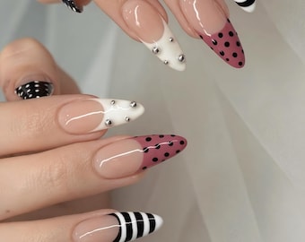 Pink Polka Dot & Stripe French Press On Nails | Fully customizable