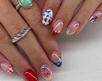 4th of July Patriotic Firework Glitter French Press On Nails | Fully customizable
