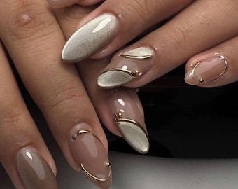 Handmade minimalist Silver Cat Eye Press-Ons • 3D Gold Liquid Metal Nails • Fully Customizable