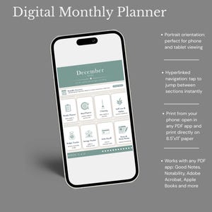 Può includere: Un pianificatore mensile digitale visualizzato sullo schermo di uno smartphone. L'interfaccia del pianificatore presenta un design verde acqua e bianco con icone per la pianificazione settimanale, la pianificazione dei pasti, la pulizia, la cura di sé e altro ancora. Il telefono è in orientamento verticale.