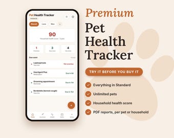 Premium Pet Health Tracker | Multi-Pet Vaccine, Medication, Household Health Log | Dog & Cat Health PWA for iPhone and Android Phones