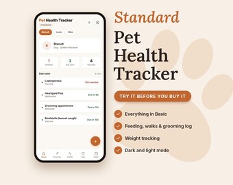 Standard Pet Health Tracker | Vaccine, Medication, Daily Care Log | Dog & Cat Health PWA for iPhone and Android Phones