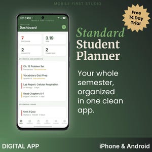 以下が含まれることがあります： Standard Student Plannerアプリのインターフェースを表示するスマートフォン。ダッシュボードにはGPA、プロジェクト、今後の課題が表示されています。画面にはMobile First Studio、Free 14 Day Trial、iPhone & Androidなどのテキストが含まれています。