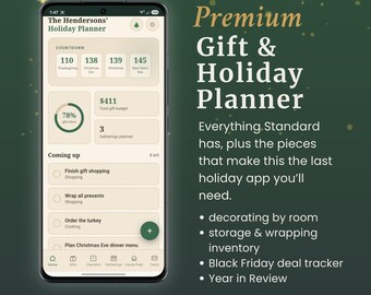 Premium Gift & Holiday Planner | Christmas Gift Tracker | Gatherings, Decorating, Storage, Wrapping | Black Friday Deals Tracker | PWA