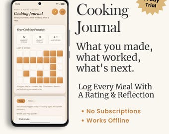 Cooking Journal App | Log Meals, Ratings & Reflections, Digital Food Diary (iPhone/Android App)