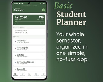 Basic Student Planner | Assignment Tracker, Class Schedule, Task Manager | Digital App iPhone & Android