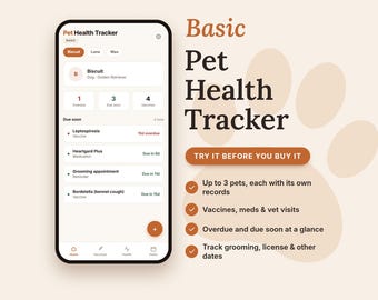 Lite Pet Health Tracker | Vaccine Reminder, Pet Vet Log, Medication Tracker | Dog & Cat Health PWA for iPhone and Android Phones