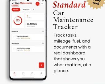 Standard Car Maintenance Tracker | Multi Vehicle, Fuel, Mileage Log (iPhone/Android App)