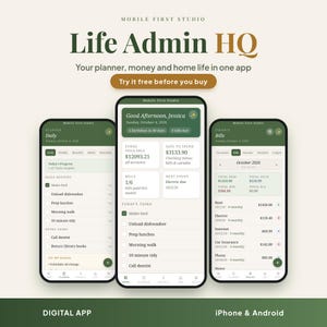 Może przedstawiać: Trzy smartfony z interfejsem aplikacji cyfrowej Life Admin HQ w kolorystyce zielono-kremowej. Ekrany przedstawiają listy codziennych zadań, podsumowania finansowe z kwotami w dolarach oraz funkcje śledzenia rachunków na październik 2026.