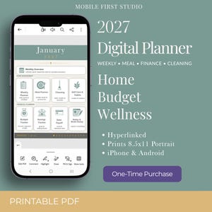 2027 Digital Planner · Dated Monthly PDF Planner · Budget Meal Cleaning Habit Tracker · iPhone Android · Printable · Instant Download