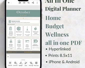 October 2026 Monthly Planner PDF | Digital Phone Planner Printable | Hyperlinked Monthly Planner iPhone & Android