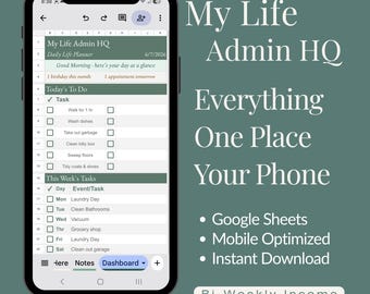 Bi-Weekly Budget Planner | Google Sheets | Daily & Weekly Planner| Monthly Calendar | Home Management | Android iPhone Portrait Format