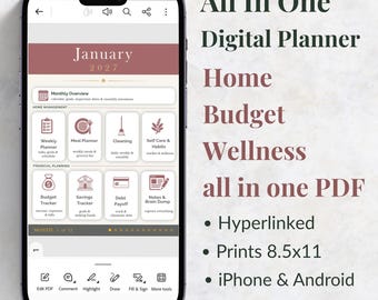 2027 Digital Planner · Dated Monthly PDF Planner · Budget Meal Cleaning Habit Tracker · iPhone Android · Printable · Instant Download