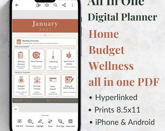 2027 Digital Planner · Dated Monthly PDF Planner · Budget Meal Cleaning Habit Tracker · iPhone Android · Printable · Instant Download