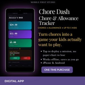 May include: A smartphone displaying the Chore Dash chore and allowance tracker app. The screen shows a dark interface with colorful player cards for Ava, Ben, and Cole, alongside mission status updates. Text includes "Chore Dash Chore & Allowance Tracker" and "Turn chores into a game your kids actually want to play."