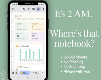 Baby Tracker Google Sheets | Newborn Log | Feed Sleep Diaper Dashboard | Mobile Phone | Digital Planner | Infant Toddler