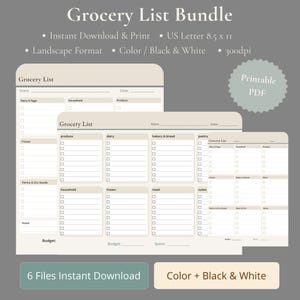 Op de afbeelding: Een bundel afdrukbare boodschappenlijst templates in kleur en zwart-wit. De templates bevatten secties voor producten, zuivel, bakkerij, voorraadkast en notities. Het ontwerp is in landschapsformaat, US Letter formaat en is direct te downloaden.