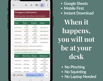 Family Emergency Binder Google Sheets Spreadsheet Template | Emergency Information Organizer | Mobile Phone Planner iPhone & Android