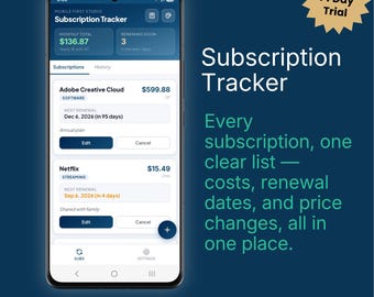 Subscription Tracker App | Track Costs, Renewals & Price Increases | No Monthly Fee | iPhone/Android App