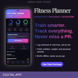 May include: A digital fitness planner app interface displayed on a smartphone screen with a dark theme, featuring progress rings for calories, protein, and workouts, alongside text that reads Fitness Planner, Train smarter, Track everything, Never miss a PR.