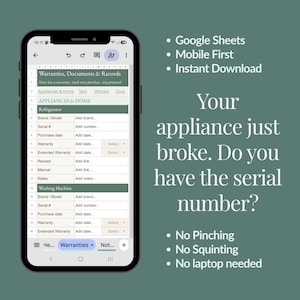 Warranty Tracker Google Sheets Spreadsheet Template | Appliances Vehicles Electronics | Serial Numbers Phone Planner iPhone & Android