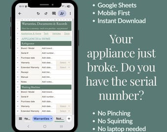 Warranty Tracker Google Sheets | Appliances, Tech, Vehicles (Mobile)