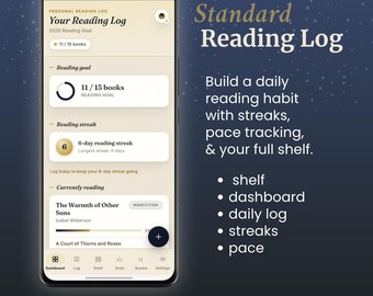Standard Reading Log | Reading Tracker, Bookshelf, TBR | Quote Saver & Book Notes Journal | Reading Planner App