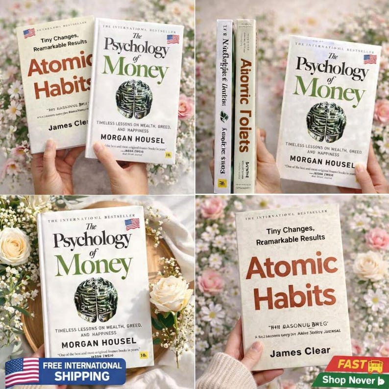 May include: A collection of books, including "Atomic Habits" and "The Psychology of Money." The covers feature titles in bold text and author names. The books are set against a floral background, with a small American flag on the cover.