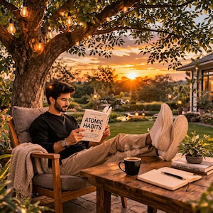 May include: A person reading "Atomic Habits" outdoors at sunset. The person is seated in a wooden chair with a blanket, with their feet resting on a wooden table. A cup of coffee and a book are on the table.