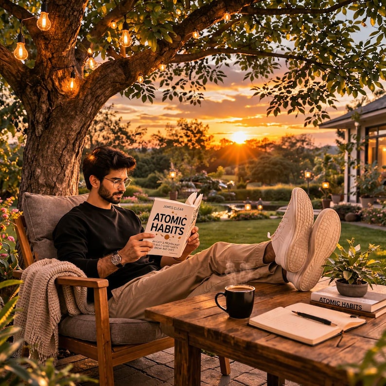 May include: A person reading "Atomic Habits" outdoors at sunset. The person is seated in a wooden chair with a blanket, with their feet resting on a wooden table. A cup of coffee and a book are on the table.