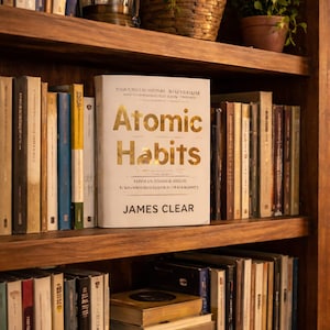 May include: A wooden bookcase with a collection of books. The book "Atomic Habits" by James Clear is on the middle shelf. A decorative lantern and potted plants are also visible. The books are of various sizes and colours.