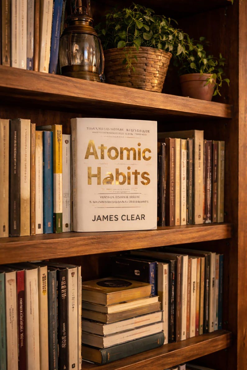 May include: A wooden bookcase with a collection of books. The book "Atomic Habits" by James Clear is on the middle shelf. A decorative lantern and potted plants are also visible. The books are of various sizes and colours.