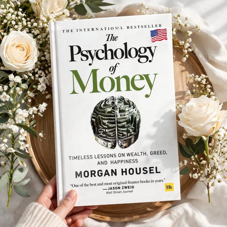 May include: A hardcover book titled "The Psychology of Money" with a green and black brain illustration. The book is surrounded by white roses and small white flowers on a wooden tray.