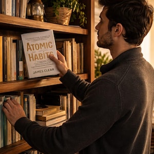 May include: A person looking at a book titled "Atomic Habits" by James Clear on a wooden bookshelf. The book has a white cover with gold lettering. The bookshelf is filled with various books and decorative items.