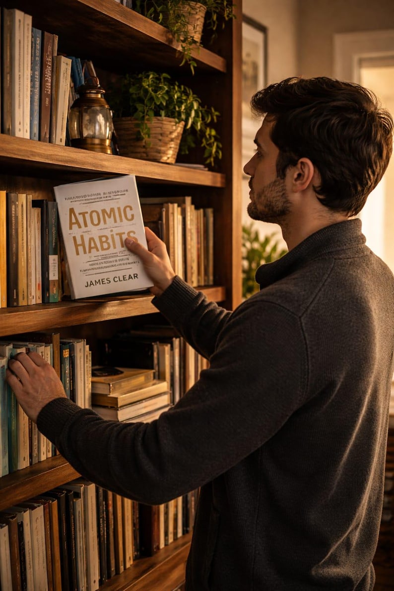 May include: A person looking at a book titled "Atomic Habits" by James Clear on a wooden bookshelf. The book has a white cover with gold lettering. The bookshelf is filled with various books and decorative items.