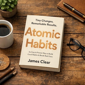 May include: A book titled "Atomic Habits" with the subtitle "An Easy & Proven Way to Build Good Habits & Break Bad Ones" by James Clear. The book is on a wooden surface, with a cup of coffee, a pen, and eyeglasses nearby.