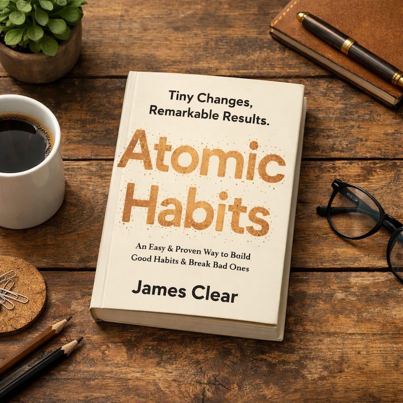 May include: A book titled "Atomic Habits" with the subtitle "An Easy & Proven Way to Build Good Habits & Break Bad Ones" by James Clear. The book is on a wooden surface, with a cup of coffee, a pen, and eyeglasses nearby.
