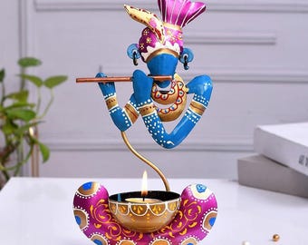 Metal Krishna Tealight Holder, Indian Handicraft Candle Stand, Diwali Decor, Pooja Room (Blue) | Kishan Diya design for Living room