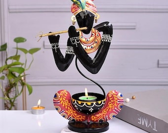 Handcrafted Metal Krishna Tealight Holder | Indian Traditional Art Showpiece (Black)